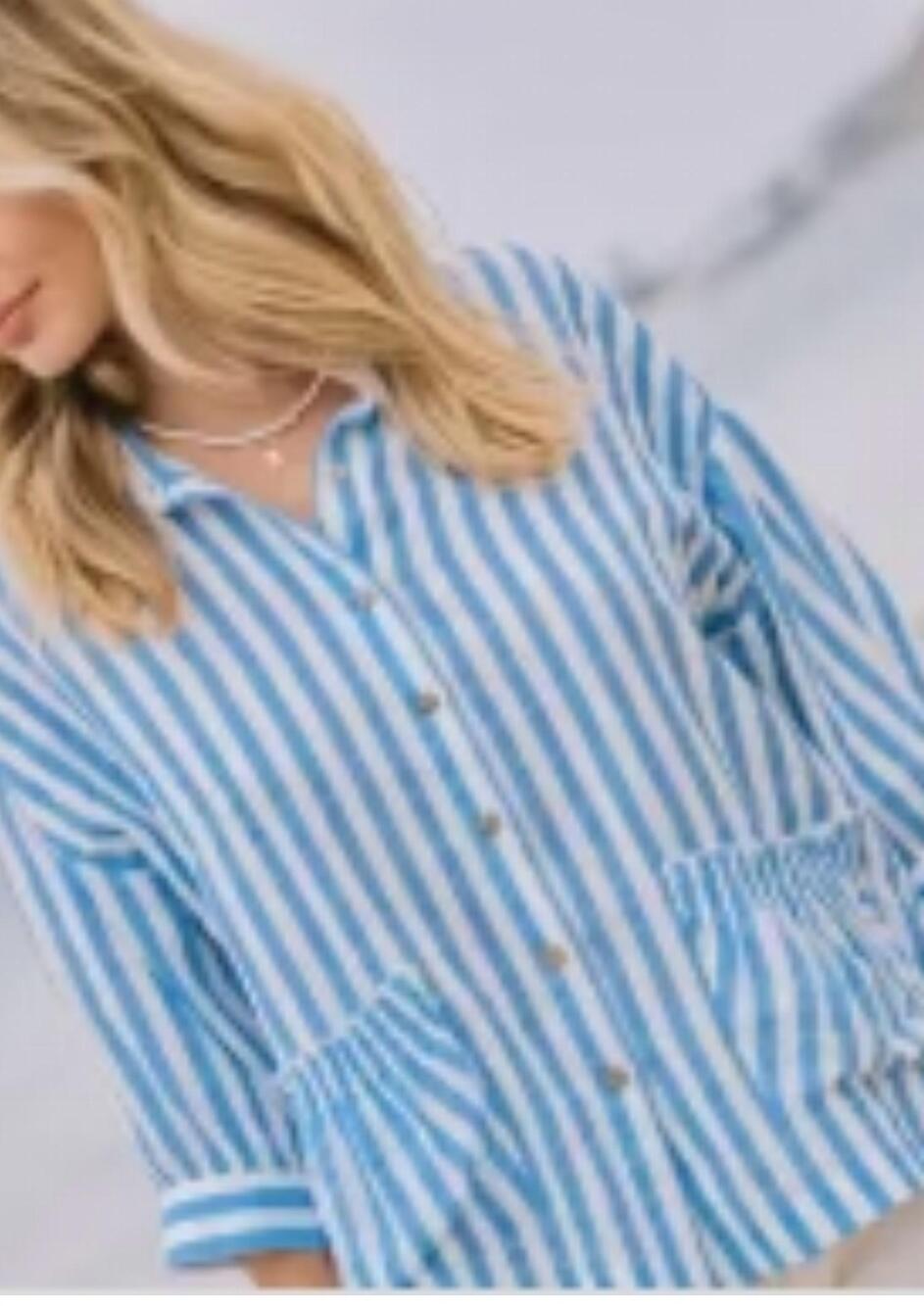 NEW ODDI striped linen like button down top in sky blue